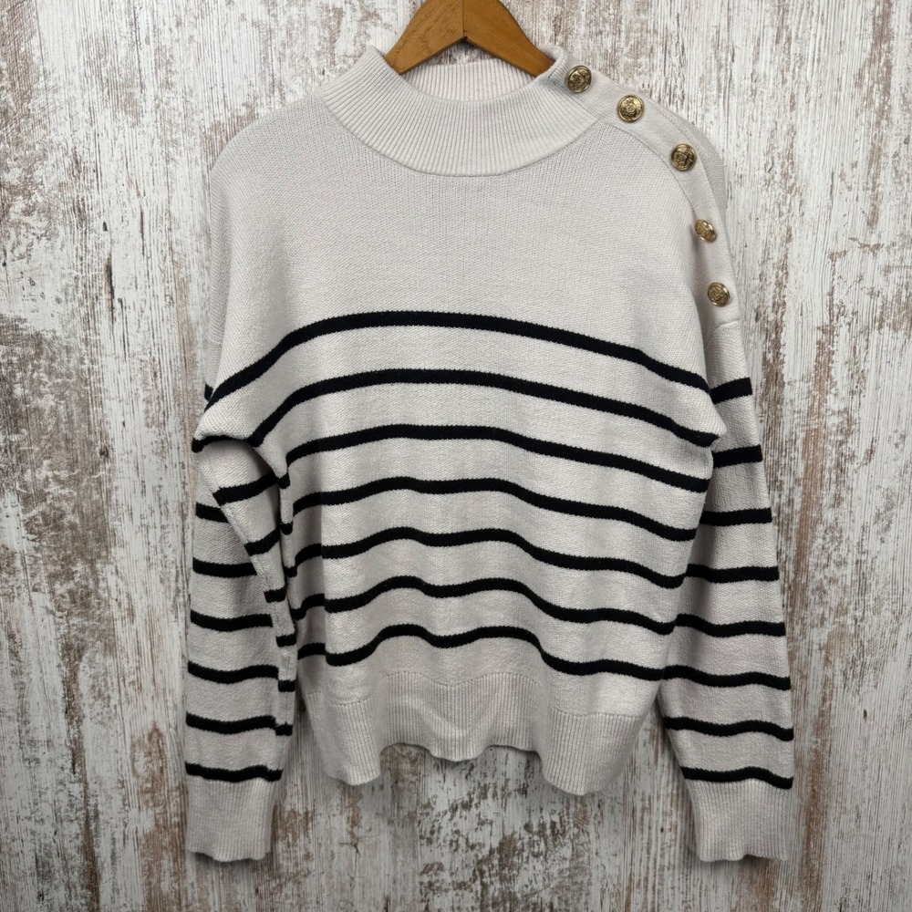 Nicole Miller New York Striped Mock Neck Sweater Gold Button Shoulder Sz M